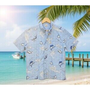 Columbia River Lodge Fish Ocean Map Mens Size XL Button Up Short Sleeve Shirt